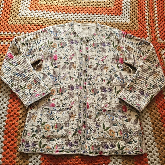 Vintage Reversible Quilted Floral Cream Off-White Light Asian Tang Style Jacket - Picture 2 of 16